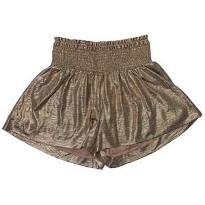 Zenana Metallic Gold Sparkle Swing Shorts Smocked High Waisted Women's Size M